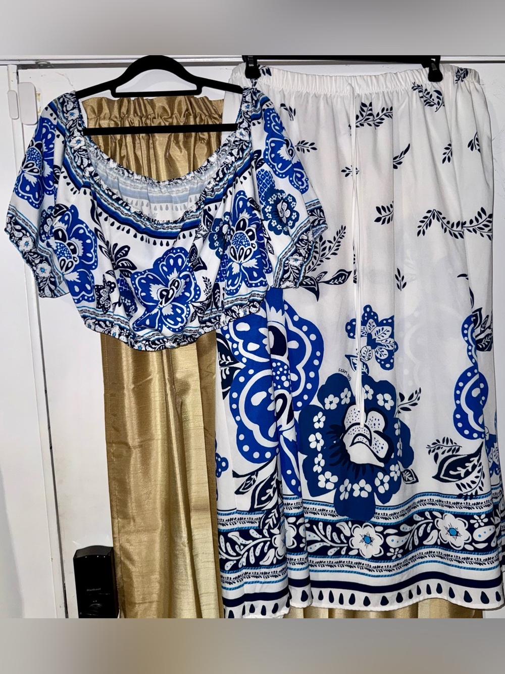 SHEIN White and Blue Floral Two-Piece Skirt Set